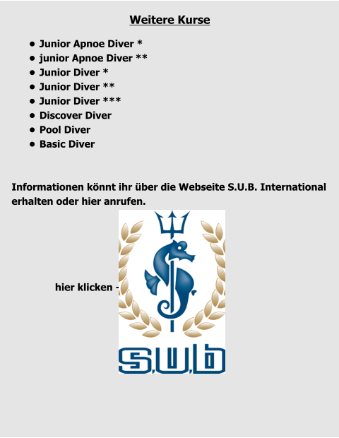 Weitere Kurse  •	Junior Apnoe Diver * •	junior Apnoe Diver ** •	Junior Diver * •	Junior Diver ** •	Junior Diver *** •	Discover Diver •	Pool Diver •	Basic Diver   Informationen könnt ihr über die Webseite S.U.B. International erhalten oder hier anrufen.                             hier klicken ->